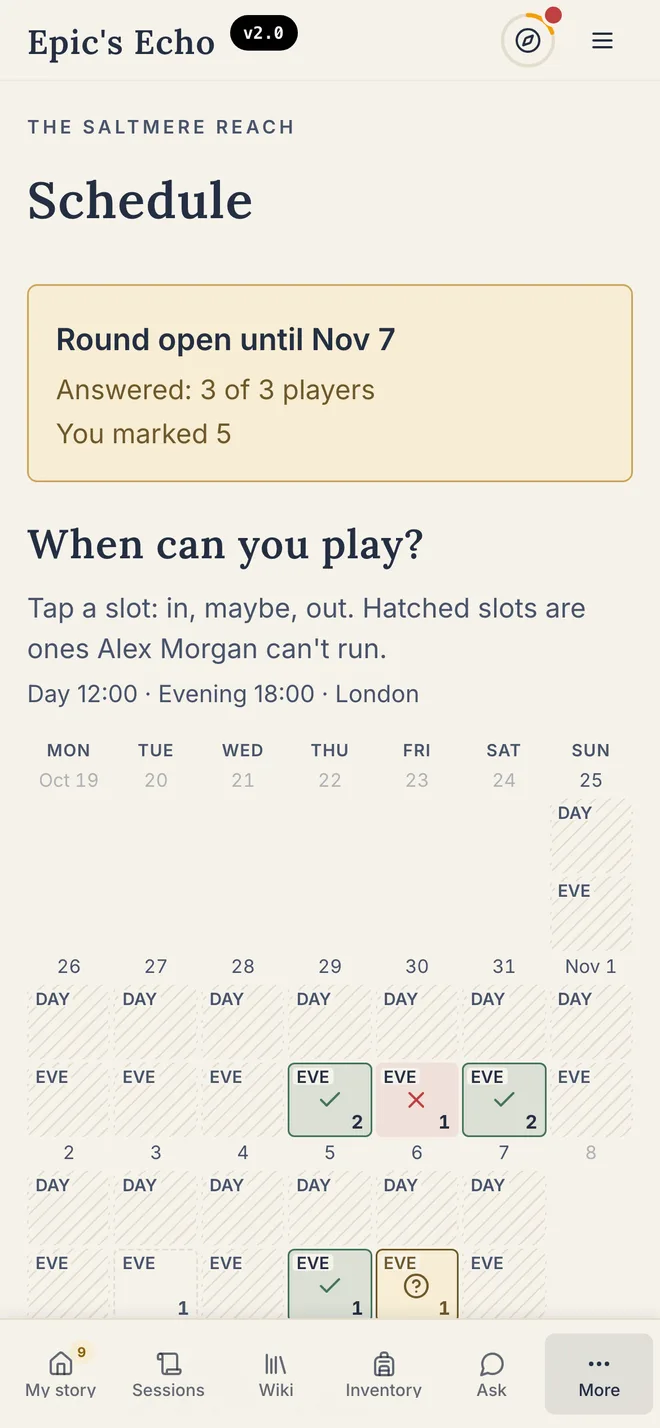 A player's When can you play? grid: dates marked in, maybe or out, and hatched dates the GM can't run.