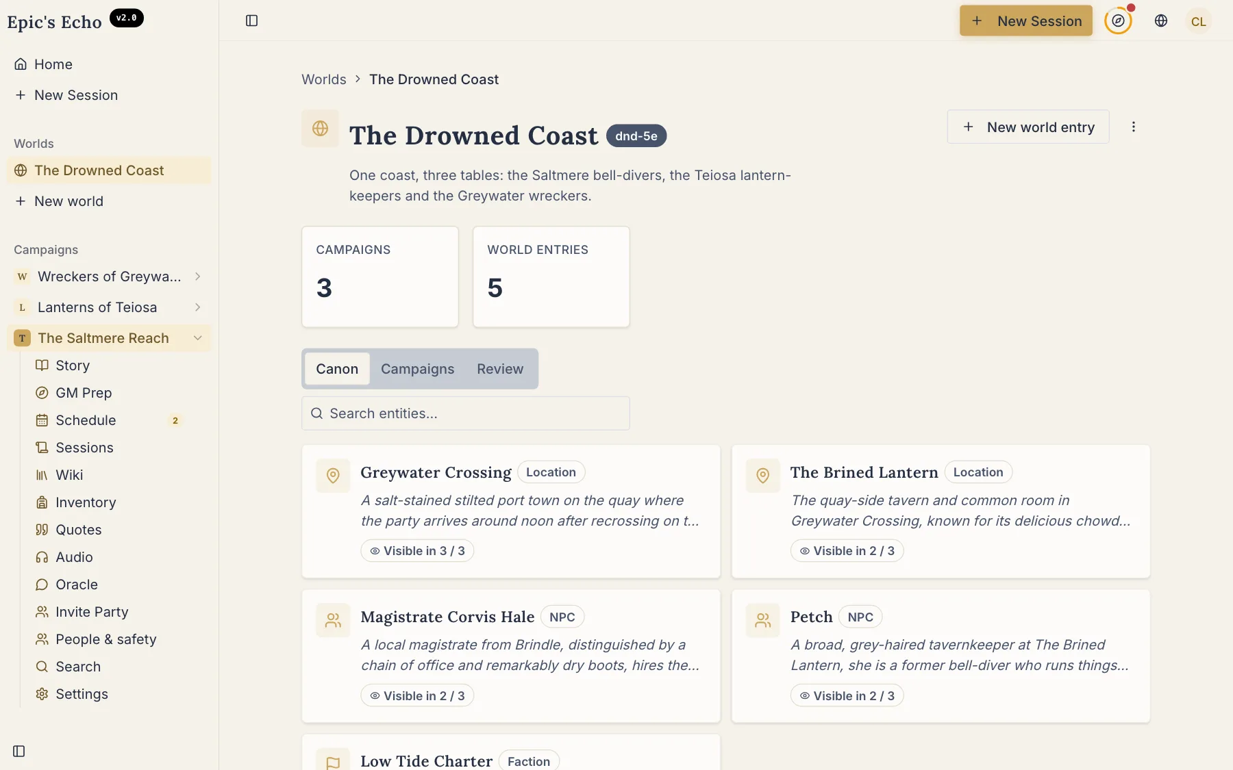 The world The Drowned Coast: three campaigns and six shared entries, each shown in one to three tables.