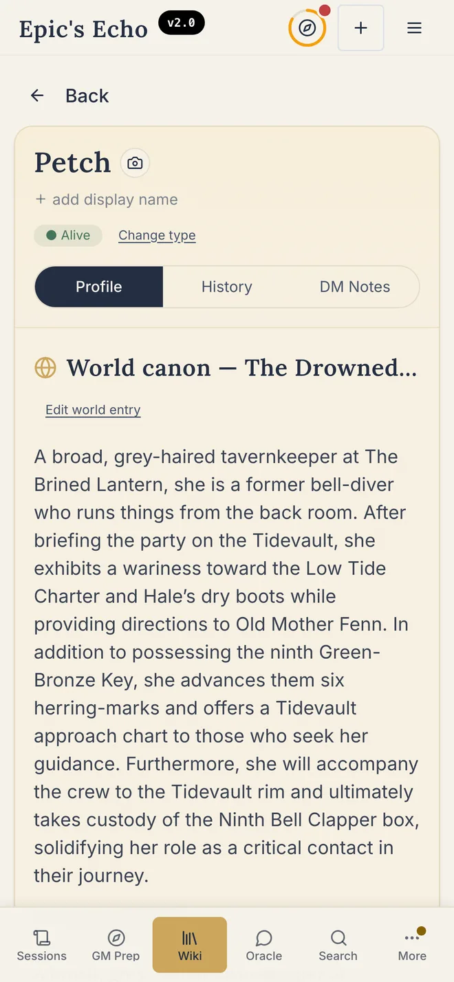 Petch's page in a campaign wiki, marked World canon — The Drowned Coast.