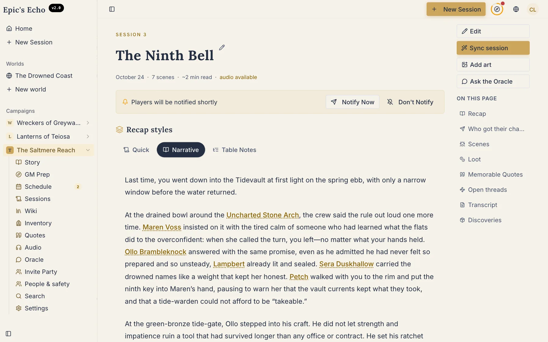 Session 3, The Ninth Bell: the narrative recap with linked names of people and places.